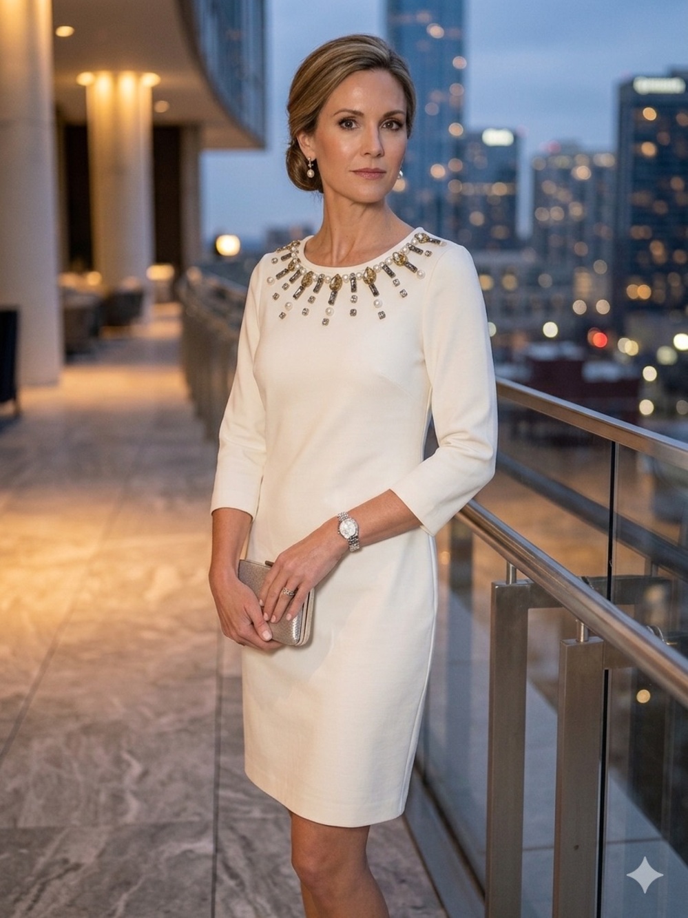 NWOT Eliza J White Scuba Crepe Dress - Embellished Pearl & Crystal Neck - Size 8